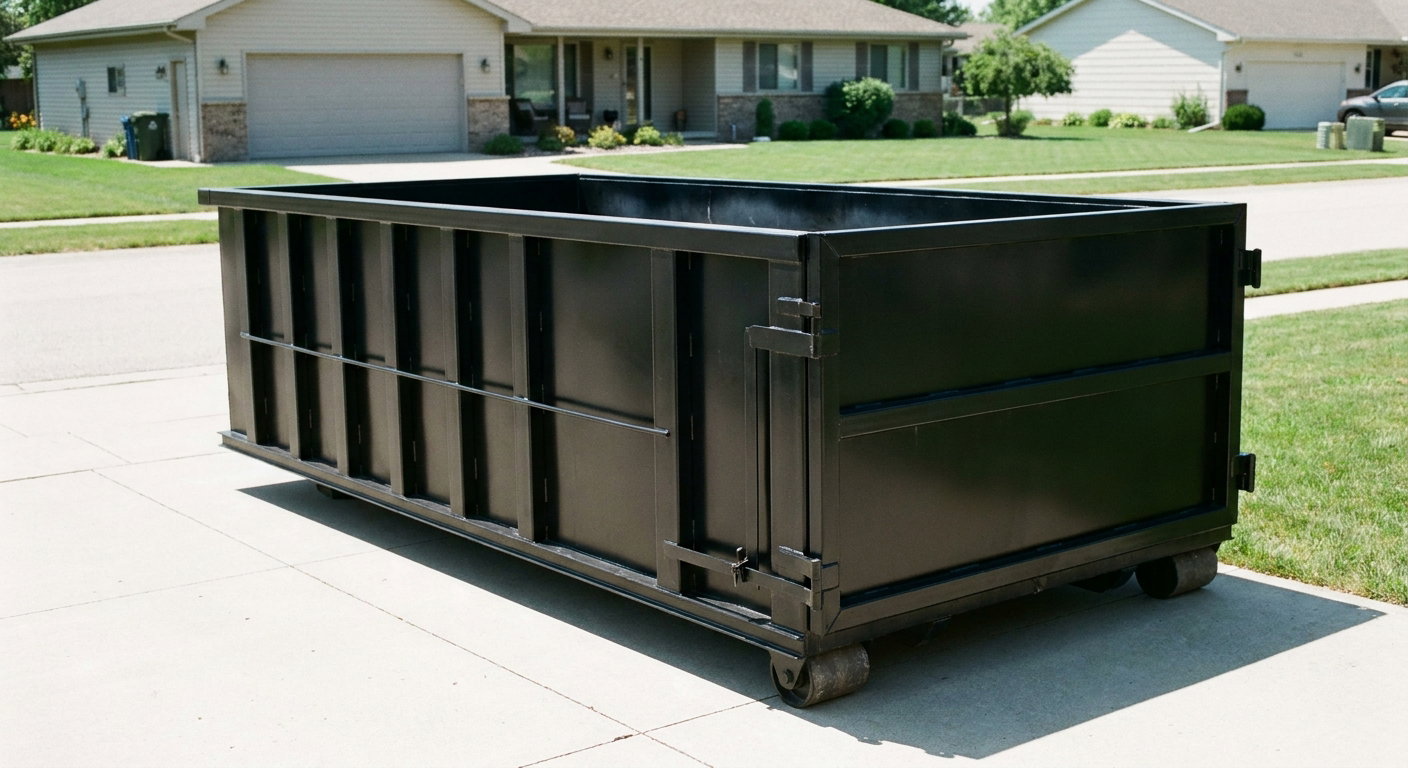 Matte-black 10-yard roll-off dumpster on a residential concrete driveway in Dearborn, uniformly painted matte black across every panel and rail, ribbed steel sidewalls and rear swing door visible, mid-day daylight.