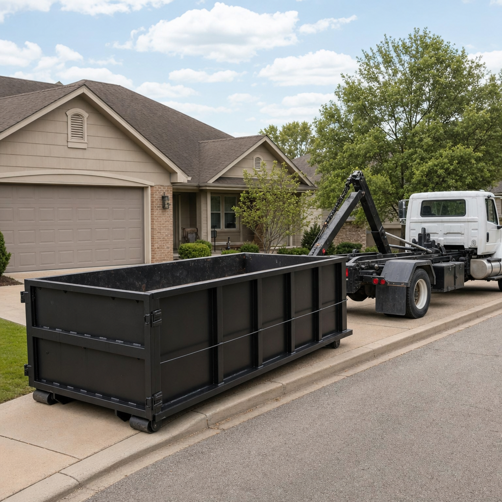 Wide documentary shot of a matte-black roll-off dumpster on a Dearborn residential driveway in the foreground and a contractor jobsite container in the soft-focus background, bright daylight, calm and orderly composition.